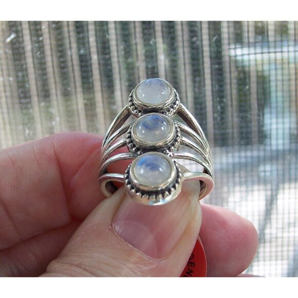 925 STERLING SILVER Genuine Rainbow Moonstone Statement Ring - Picture 7 of 14